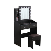 Diana Vanity Set with Shelves Cushioned Stool and Lighted Mirror- Black Furniture Kings Warehouse