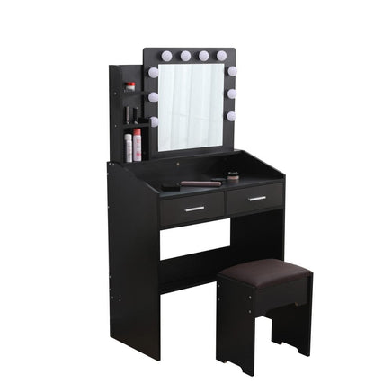 Diana Vanity Set with Shelves Cushioned Stool and Lighted Mirror- Black Furniture Kings Warehouse