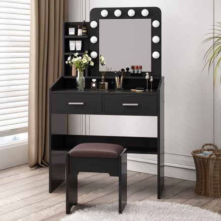 Diana Vanity Set with Shelves Cushioned Stool and Lighted Mirror- Black Furniture Kings Warehouse