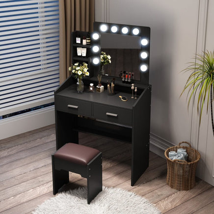 Diana Vanity Set with Shelves Cushioned Stool and Lighted Mirror- Black Furniture Kings Warehouse