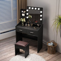 Diana Vanity Set with Shelves Cushioned Stool and Lighted Mirror- Black Furniture Kings Warehouse