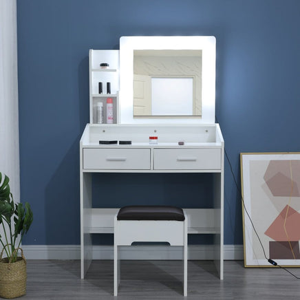 Diana Vanity Set with Shelves Cushioned Stool and Lighted Mirror- White Furniture Kings Warehouse