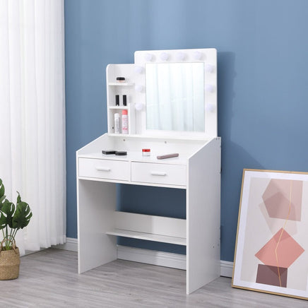 Diana Vanity Set with Shelves Cushioned Stool and Lighted Mirror- White Furniture Kings Warehouse