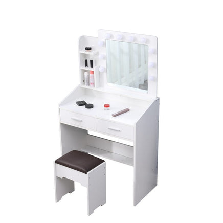 Diana Vanity Set with Shelves Cushioned Stool and Lighted Mirror- White Furniture Kings Warehouse