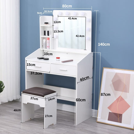 Diana Vanity Set with Shelves Cushioned Stool and Lighted Mirror- White Furniture Kings Warehouse