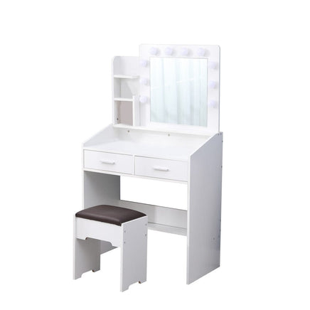 Diana Vanity Set with Shelves Cushioned Stool and Lighted Mirror- White Furniture Kings Warehouse