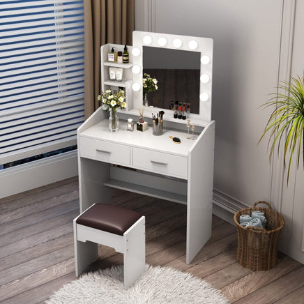 Diana Vanity Set with Shelves Cushioned Stool and Lighted Mirror- White Furniture Kings Warehouse
