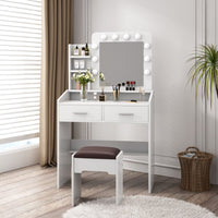 Diana Vanity Set with Shelves Cushioned Stool and Lighted Mirror- White Furniture Kings Warehouse