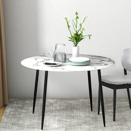 Dining Table Round Wooden Table With Marble Effect Metal Legs 110CM White Kings Warehouse