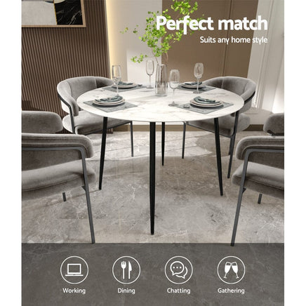 Dining Table Round Wooden Table With Marble Effect Metal Legs 110CM White Kings Warehouse