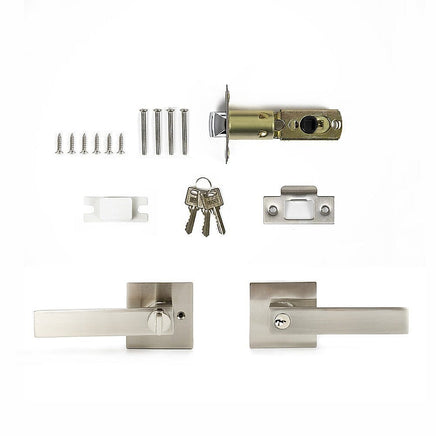 Door Handle Set Lever Key Lock Function Square Satin Nickel Home & Garden Kings Warehouse