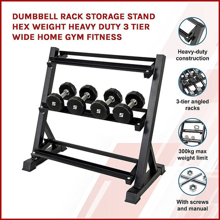 Dumbbell Rack Storage Stand Hex Weight Heavy Duty 3 Tier Wide Home Gym Fitness Sports & Fitness Kings Warehouse