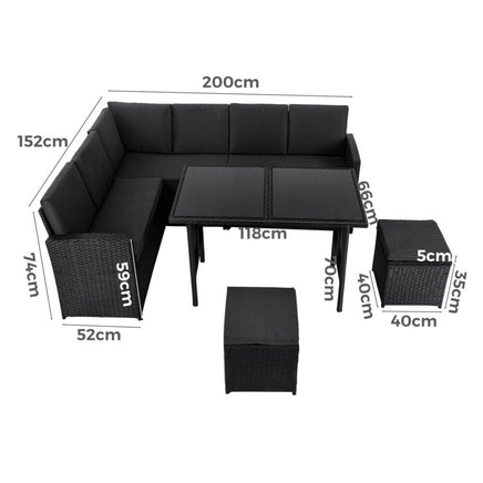 Ella 8-Seater Modular Outdoor Garden Lounge and Dining Set with Table and Stools in Black Kings Warehouse