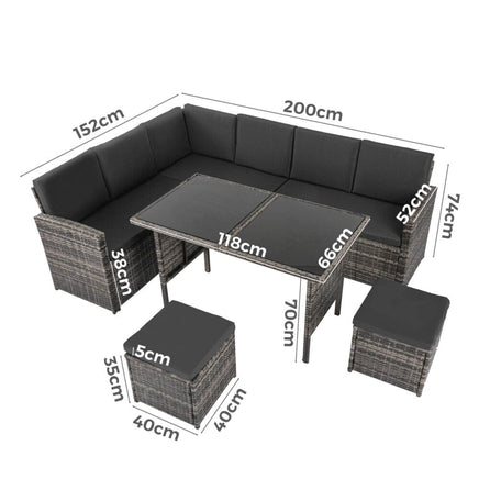 Ella 8-Seater Modular Outdoor Garden Lounge and Dining Set with Table and Stools in Dark Grey Weave Kings Warehouse