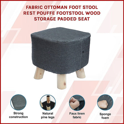Fabric Ottoman Foot Stool Rest Pouffe Footstool Wood Storage Padded Seat Furniture Kings Warehouse