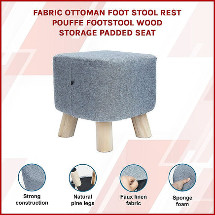 Fabric Ottoman Foot Stool Rest Pouffe Footstool Wood Storage Padded Seat Furniture Kings Warehouse