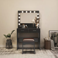 Fidel Vanity Set with Cushioned Stool and Lighted Mirror- Black Furniture Kings Warehouse