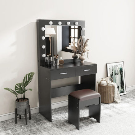 Fidel Vanity Set with Cushioned Stool and Lighted Mirror- Black Furniture Kings Warehouse