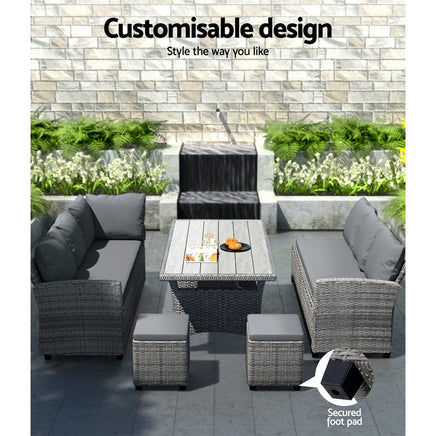 Garden 9-Seater Outdoor Dining Set Patio Furniture Wicker Lounge Table Chairs Big Discounts on Christmas Entertaining Kings Warehouse