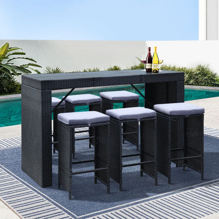Gardeon 7-Piece Outdoor Bar Set Dining Table Stools Wicker Patio Setting Furniture Kings Warehouse