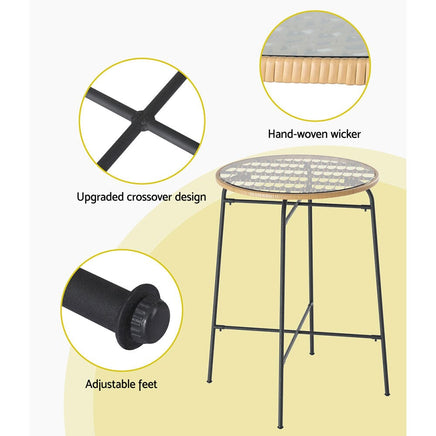 Gardeon Outdoor Bar Table Wicker Dining Bistro Patio Balcony Glass Table Steel Furniture Kings Warehouse