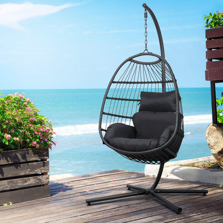 Gardeon Outdoor Egg Swing Chair Hanging Chair Wicker Rope Pod Stand Foldable Grey Furniture Kings Warehouse