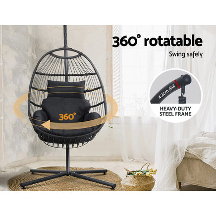 Gardeon Outdoor Egg Swing Chair Hanging Chair Wicker Rope Pod Stand Foldable Grey Furniture Kings Warehouse
