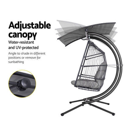 Gardeon Outdoor Egg Swing Chair Wicker Furniture Pod Stand Canopy 2 Seater Grey Furniture Kings Warehouse