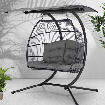 Gardeon Outdoor Egg Swing Chair Wicker Furniture Pod Stand Canopy 2 Seater Grey Furniture Kings Warehouse