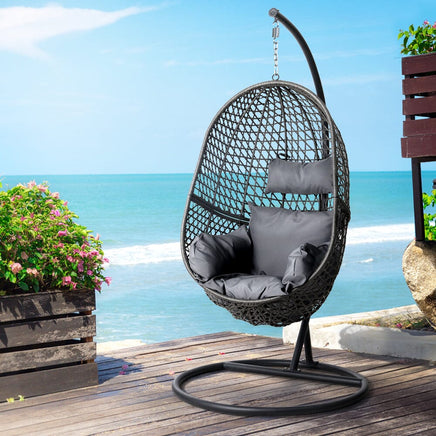Gardeon Outdoor Egg Swing Chair Wicker Rattan Furniture Pod Stand Cushion Black Furniture Kings Warehouse