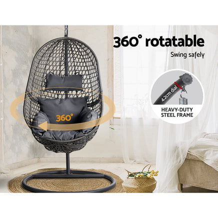 Gardeon Outdoor Egg Swing Chair Wicker Rattan Furniture Pod Stand Cushion Black Furniture Kings Warehouse