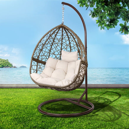 Gardeon Outdoor Egg Swing Chair Wicker Rattan Furniture Pod Stand Cushion Latte Furniture Kings Warehouse