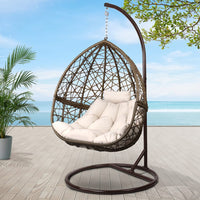 Gardeon Outdoor Egg Swing Chair Wicker Rattan Furniture Pod Stand Cushion Latte Furniture Kings Warehouse