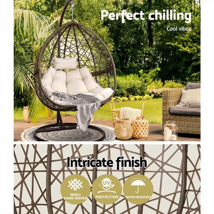 Gardeon Outdoor Egg Swing Chair Wicker Rattan Furniture Pod Stand Cushion Latte Furniture Kings Warehouse