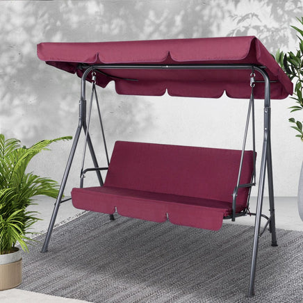 Gardeon Outdoor Swing Chair Garden Bench Furniture Canopy 3 Seater Wine Red Furniture Kings Warehouse
