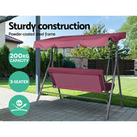 Gardeon Outdoor Swing Chair Garden Bench Furniture Canopy 3 Seater Wine Red Furniture Kings Warehouse