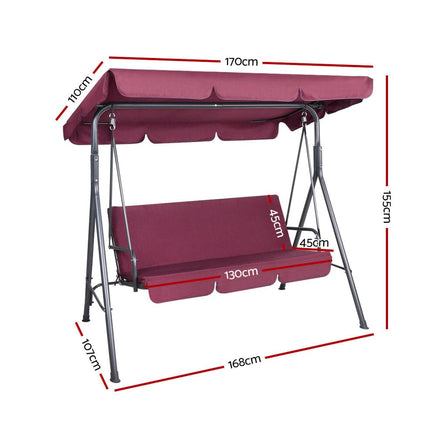 Gardeon Outdoor Swing Chair Garden Bench Furniture Canopy 3 Seater Wine Red Furniture Kings Warehouse