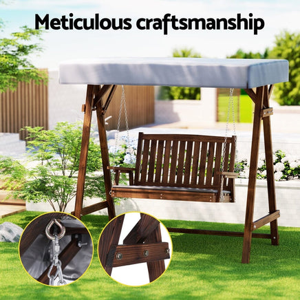 Gardeon Outdoor Wooden Swing Chair Garden Bench Canopy Cushion 2 Seater Charcoal Furniture Kings Warehouse