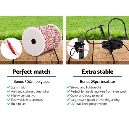 Giantz Fence Energiser 5KM Solar Powered Electric 500M Poly Wire Insulator Pet Care Kings Warehouse