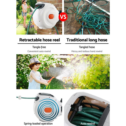 Green Fingers Water Hose Reel 30M Retractable Garden Brass Spray Gun Auto Rewind Home & Garden Kings Warehouse
