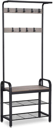 Greige and Black Steel Freestanding Coat Rack Stand with Removable Hooks, Bench and Shoe Rack, Height 183 cm Furniture Kings Warehouse