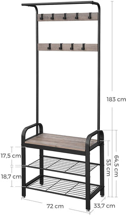 Greige and Black Steel Freestanding Coat Rack Stand with Removable Hooks, Bench and Shoe Rack, Height 183 cm Furniture Kings Warehouse