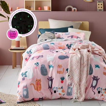 Happy Kids Miaow Glow in the Dark Quilt Cover Set Single Home & Garden Kings Warehouse