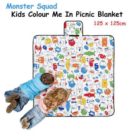 Happy Kids Monster Squad Colour Me In Picnic Blanket 125 x 125 cm Outdoor Recreation Kings Warehouse