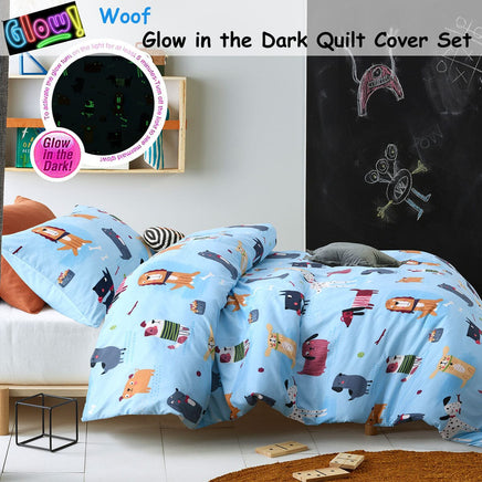 Happy Kids Woof Glow in the Dark Quilt Cover Set Double Home & Garden Kings Warehouse