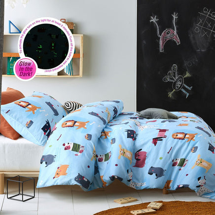 Happy Kids Woof Glow in the Dark Quilt Cover Set Double Home & Garden Kings Warehouse