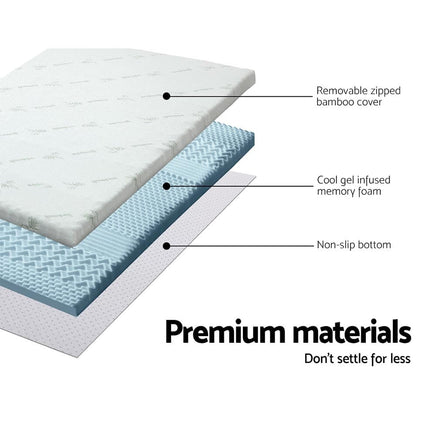 Home Bedding Cool Gel 7-zone Memory Foam Mattress Topper w/Bamboo Cover 8cm - Single Furniture Frenzy Kings Warehouse