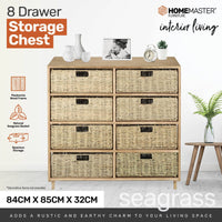 Home Master 8 Drawer Natural Seagrass Wooden Storage Chest Stylish 85cm Kings Warehouse 