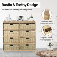 Home Master 8 Drawer Natural Seagrass Wooden Storage Chest Stylish 85cm Kings Warehouse 