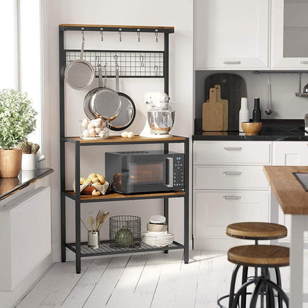 Industrial Kitchen Baker's Rack with Storage Shelves 10 Hooks and Metal Mesh Shelf 84 x 40 x 170 cm Rustic Brown Furniture Kings Warehouse
